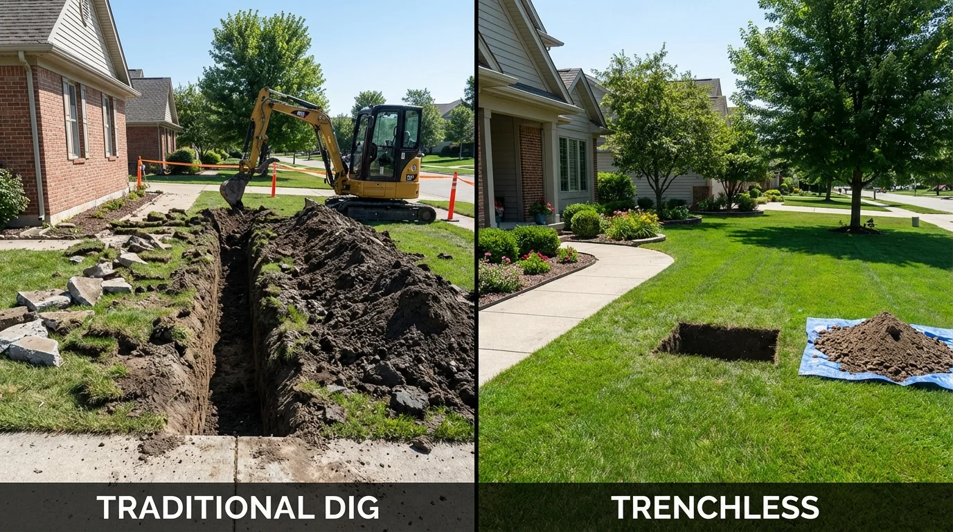 Trenchless sewer repair with minimal yard damage versus traditional excavation in Greenfield, TN