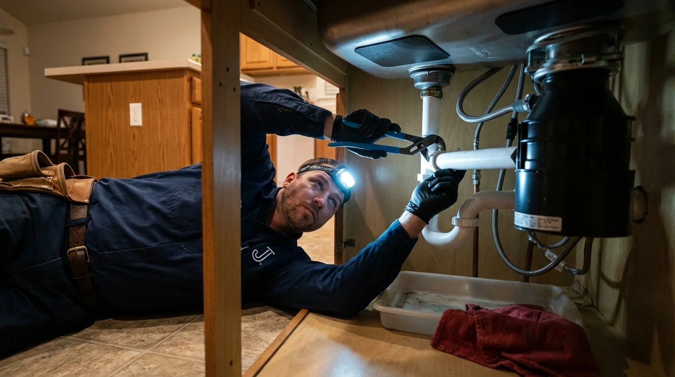 P-trap and supply line connections under a kitchen sink showing a common leak point in Greenfield, TN